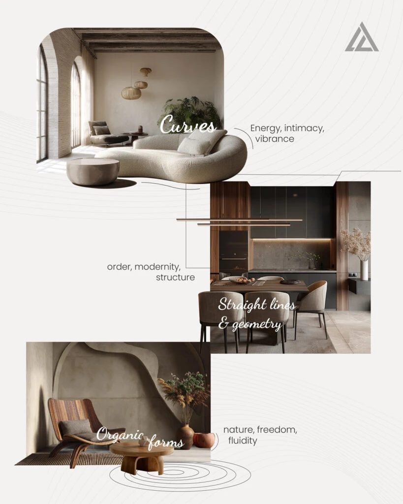Interior design collage combining softly curved seating, built-in storage and warm neutral materials.