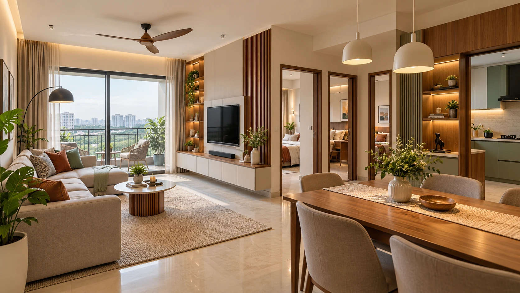 Open living and dining area with a wooden dining table, upholstered seating, TV wall and balcony doors.