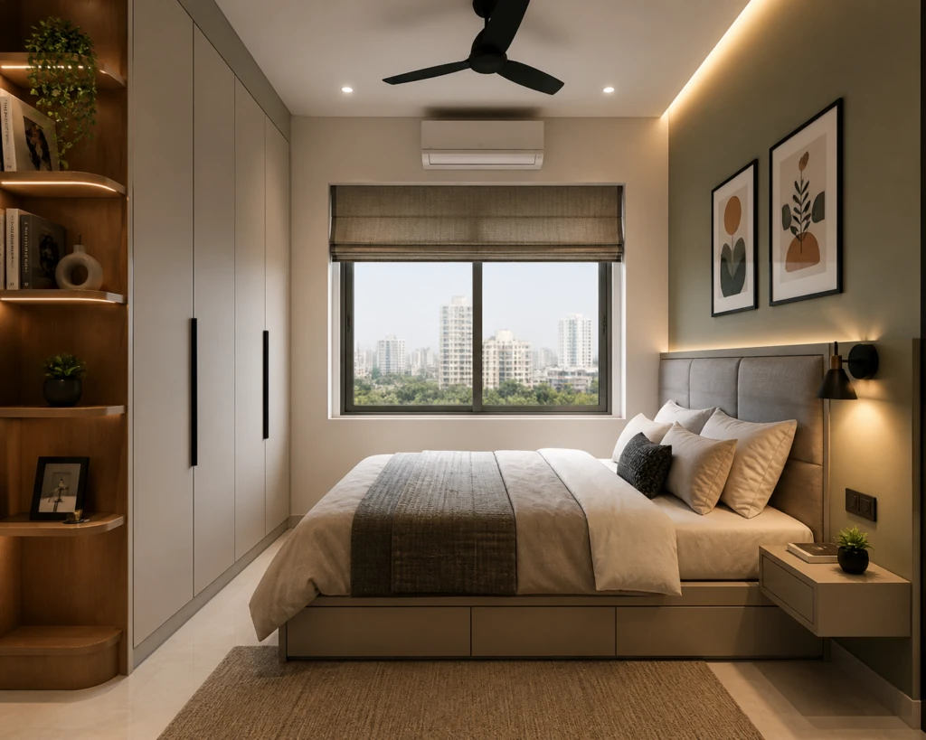 Compact bedroom with a padded headboard, built-in bedside storage, window blind and warm cove lighting.