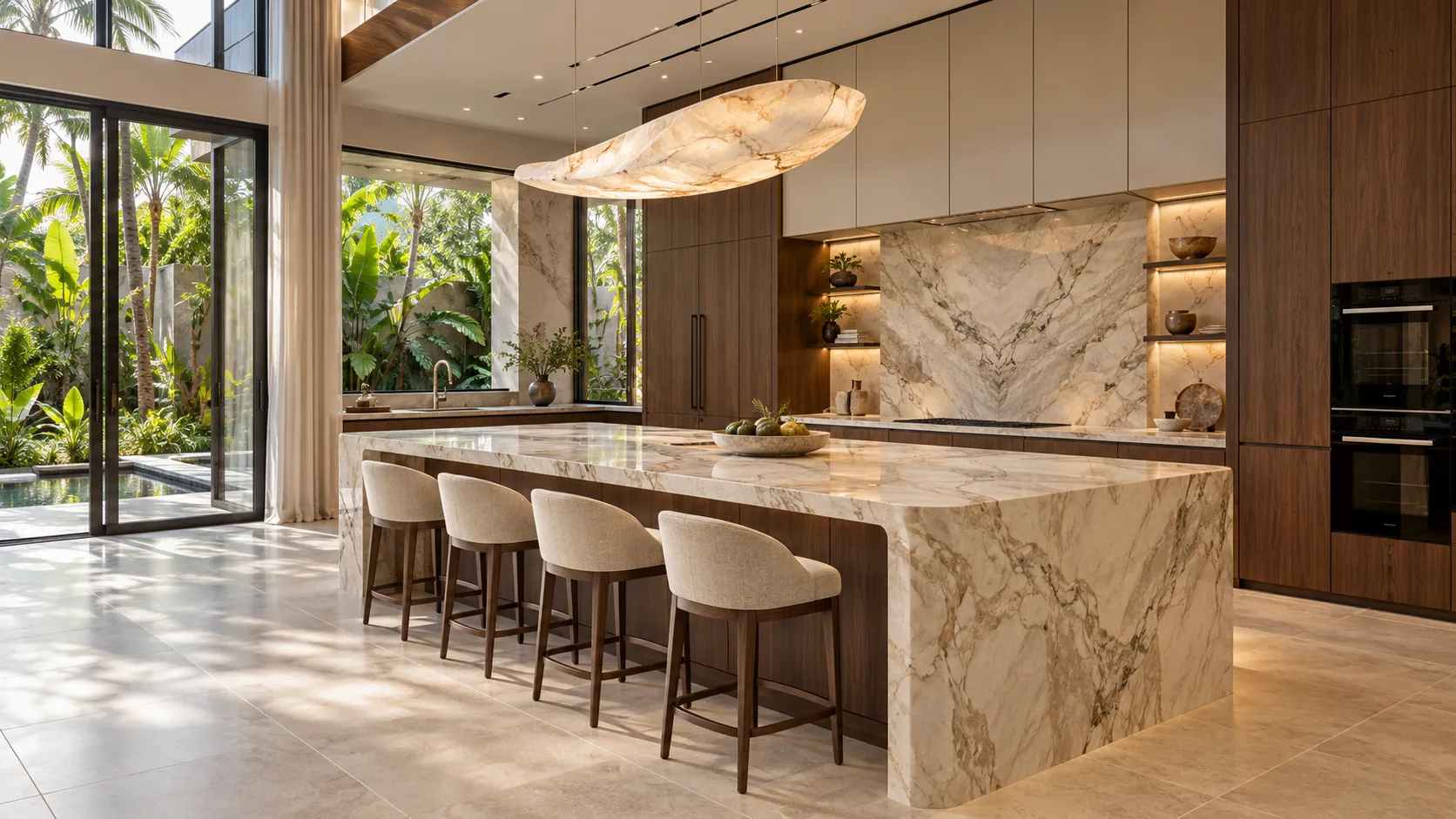 Luxury kitchen with a marble waterfall island, four upholstered bar stools, wood cabinetry, veined marble backsplash and garden views.