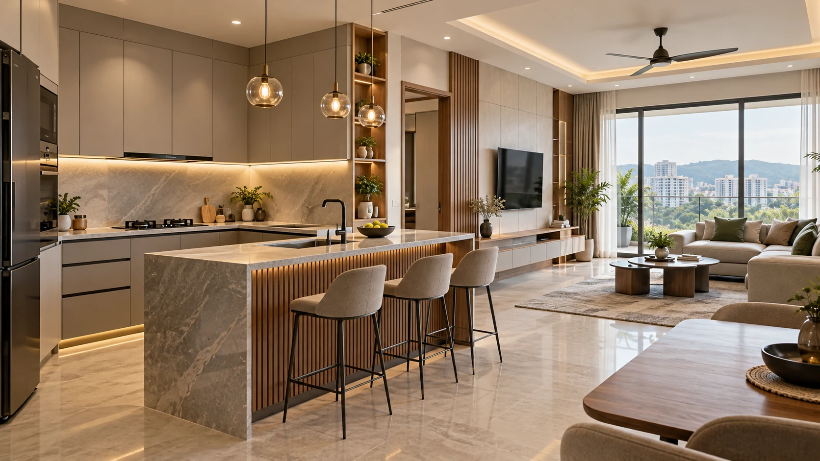 Open-plan kitchen and living area with a stone breakfast counter, upholstered stools and balcony views.