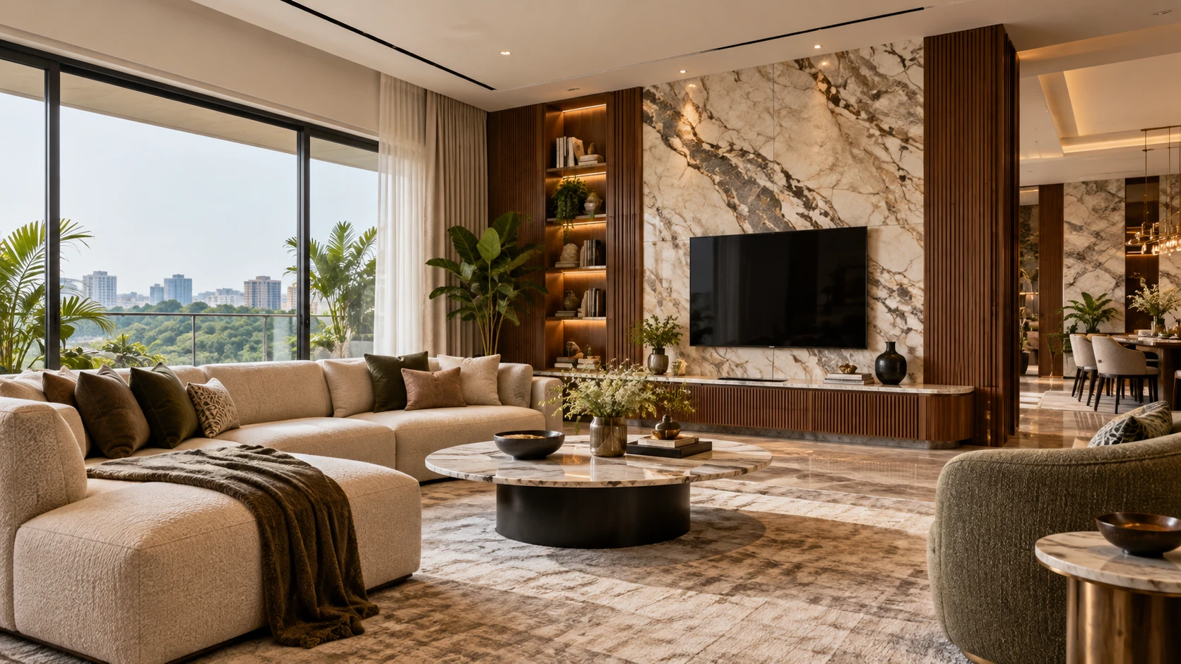 Living room with a sectional sofa, veined stone TV wall, round coffee table and illuminated display shelving.