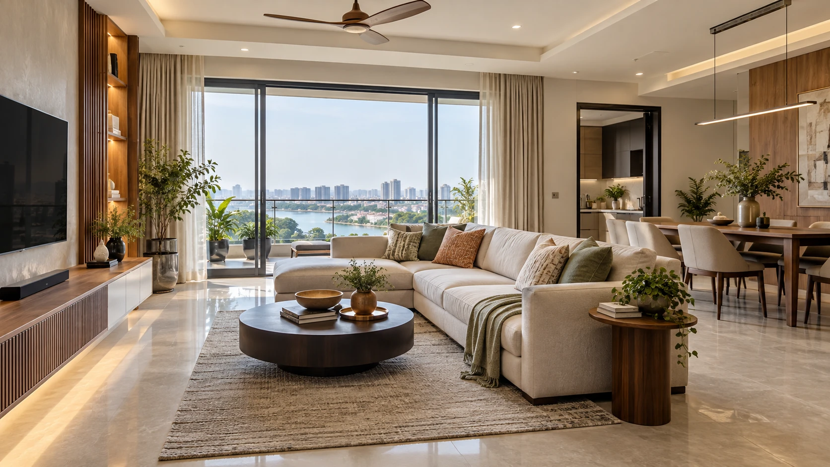Living and dining room with a cream sofa, circular coffee table, TV wall and balcony-facing seating.