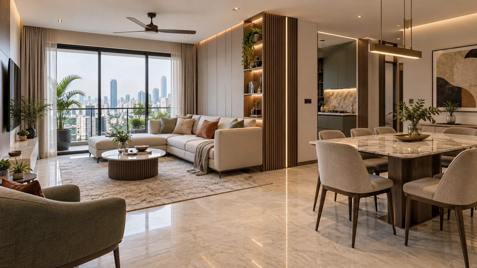 Open living and dining area with a round dining table, cream seating, illuminated storage and balcony doors.