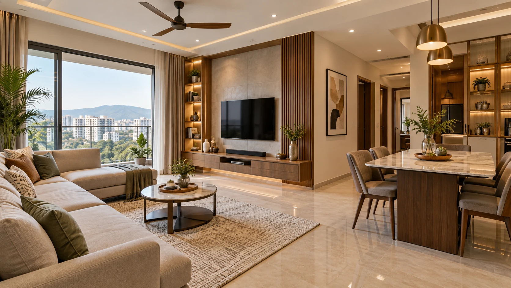 Connected living and dining area with a cream sofa, wooden dining table, TV wall and illuminated shelves.