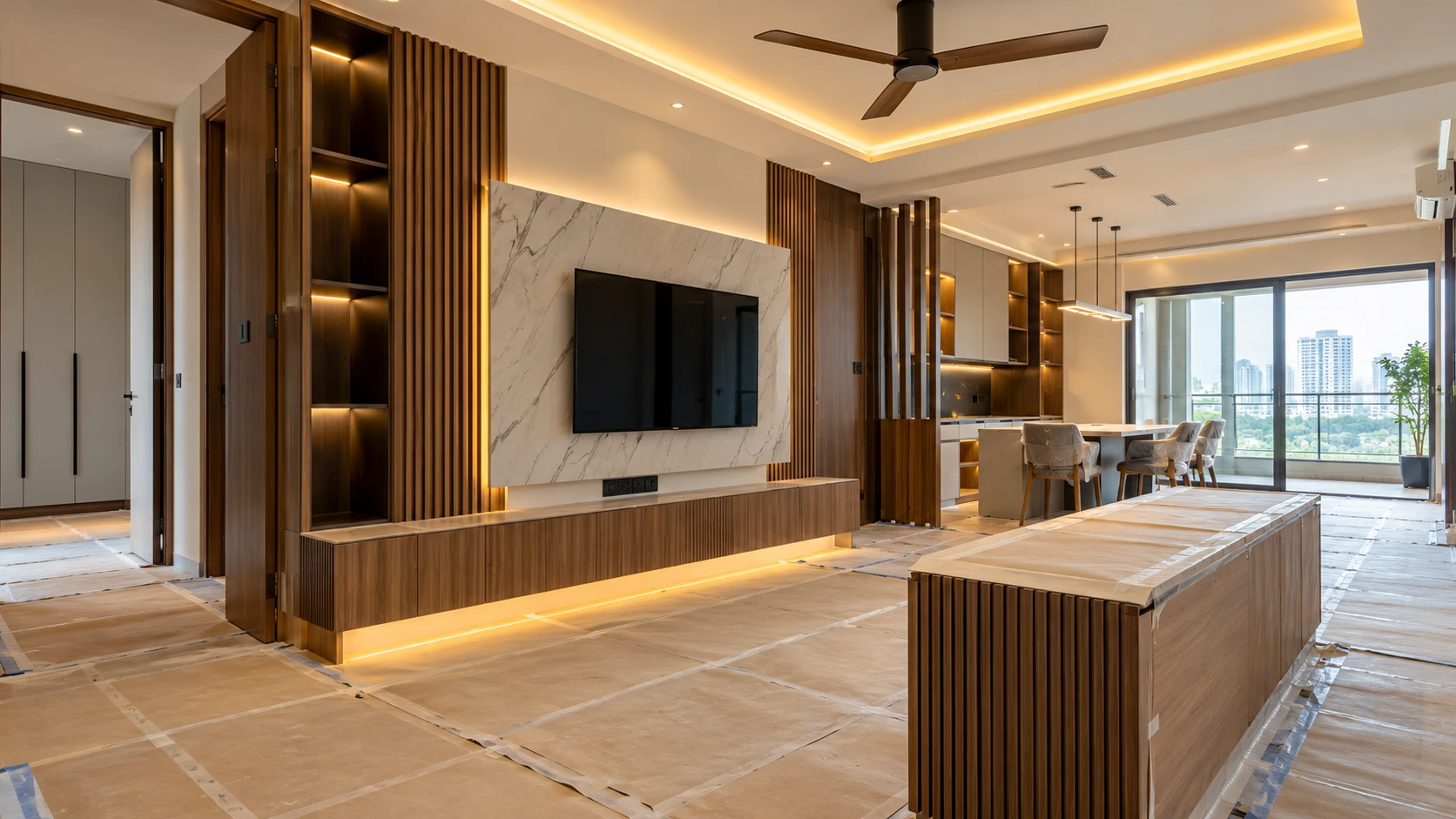 Living area with a veined stone TV wall, floating console, vertical wood detailing and illuminated ceiling.