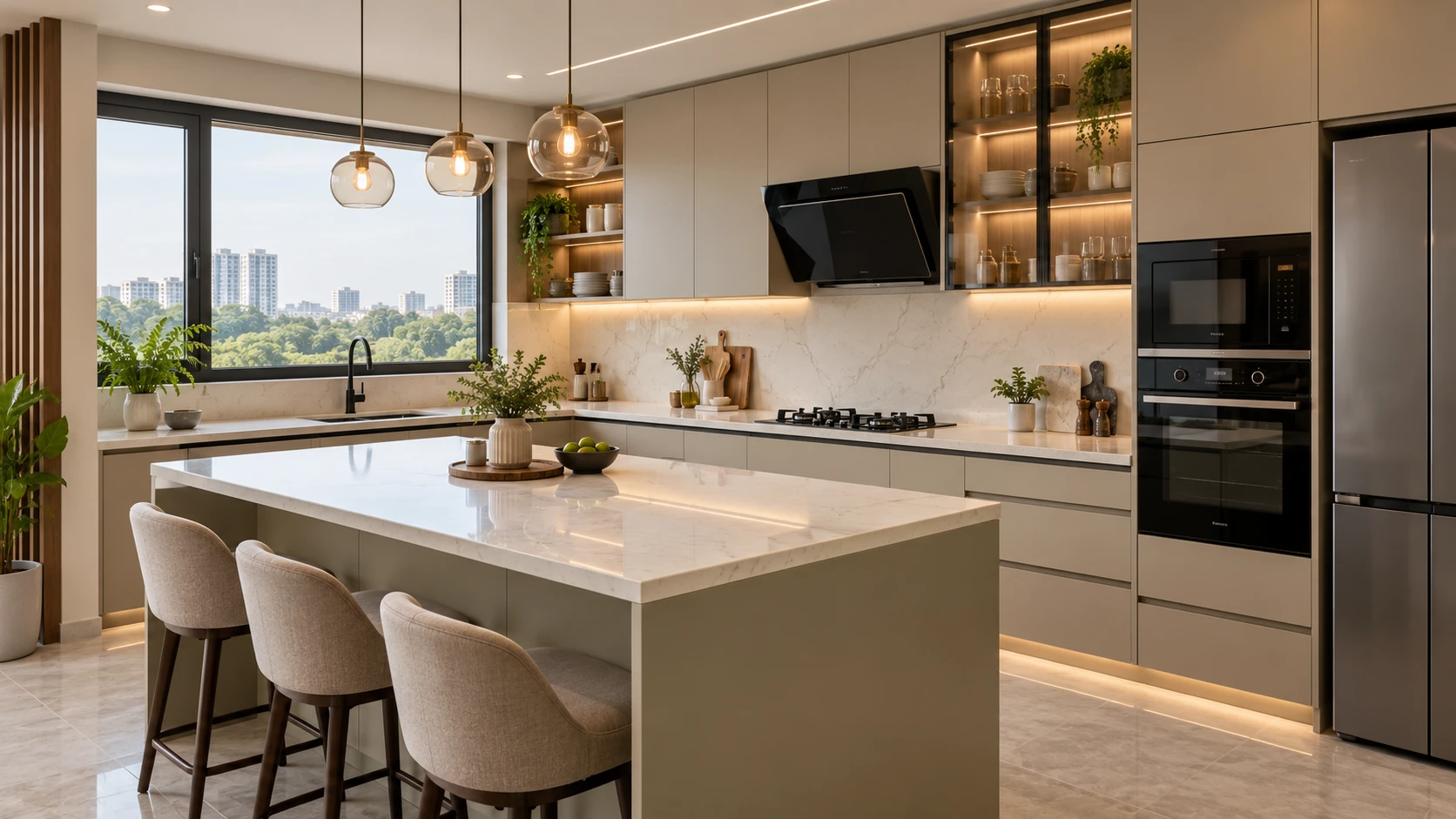 Kitchen with cream cabinetry, a white island, upholstered stools, pendant lights and a black angled chimney hood.