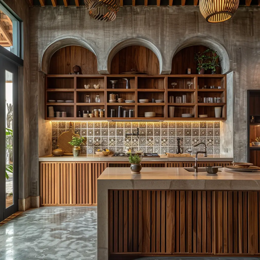 Bar interior with arched wooden display shelves, a tiled backsplash, pendant lighting and a fluted island counter.