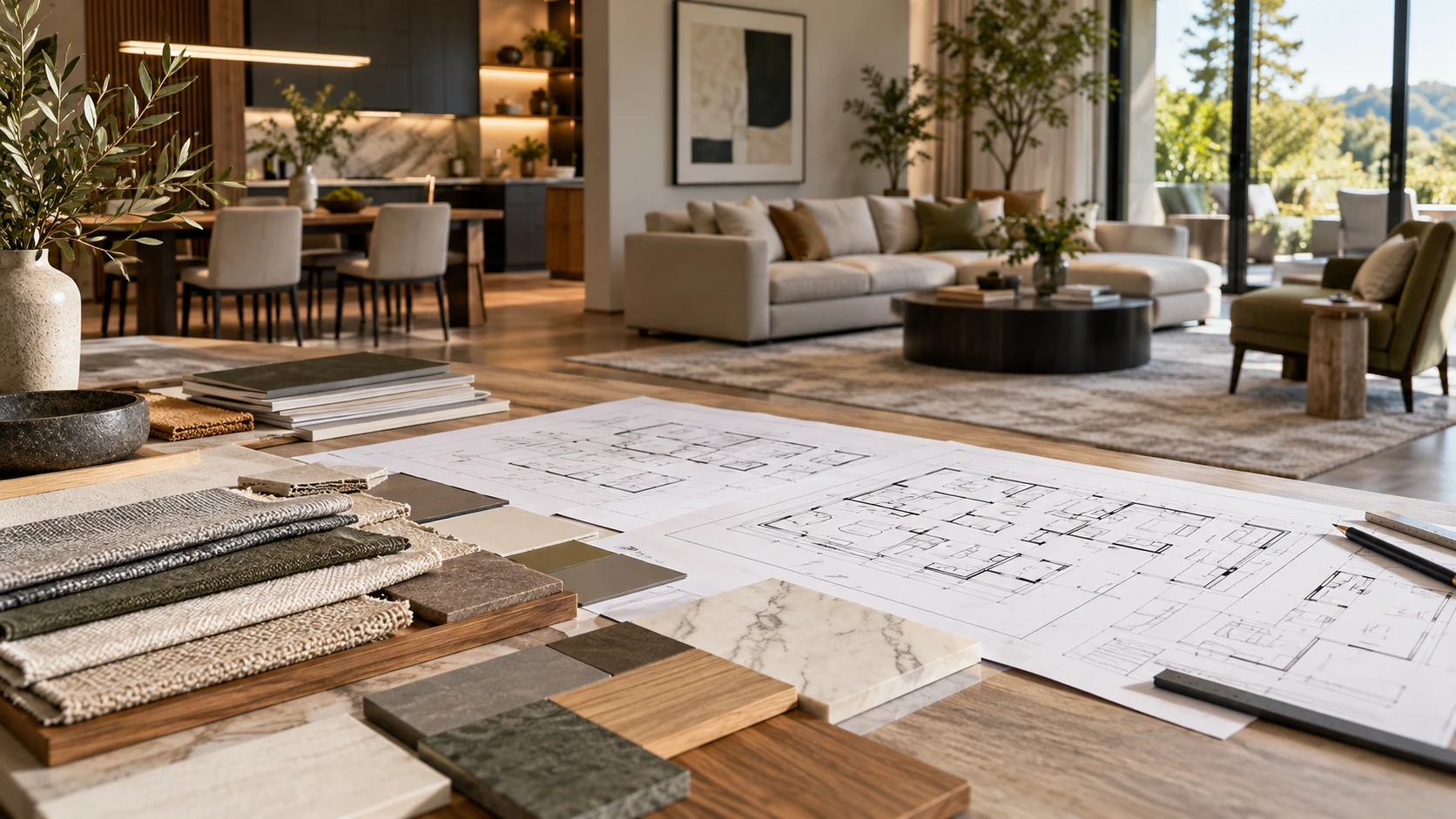 Interior floor plans and material swatches arranged on a table overlooking a furnished living room.